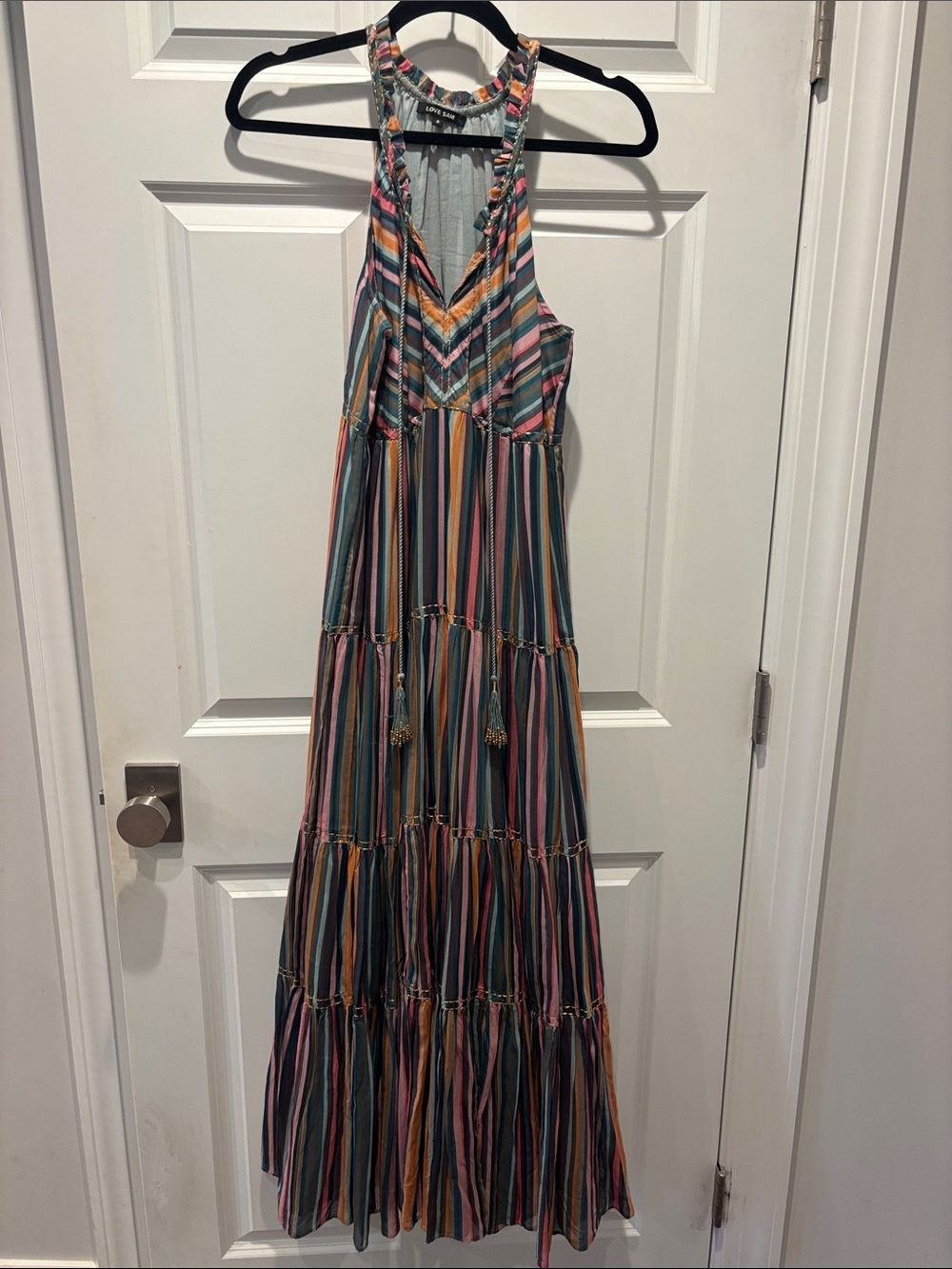 Love Sam Multicolor Striped Halter Maxi Dress in Teal, Pink & Mustard